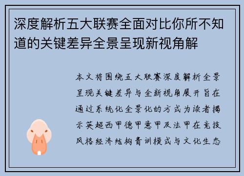深度解析五大联赛全面对比你所不知道的关键差异全景呈现新视角解