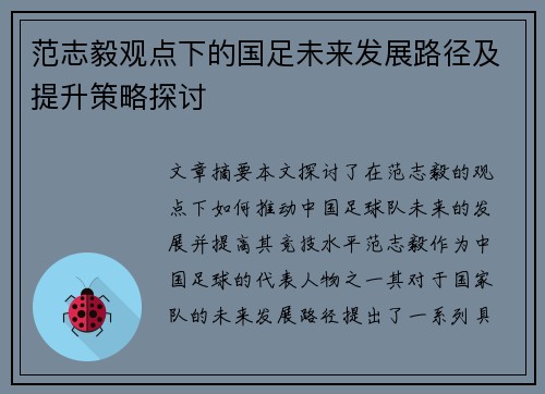 范志毅观点下的国足未来发展路径及提升策略探讨 范志毅观点下的国足未来发展路径及提升策略探讨
